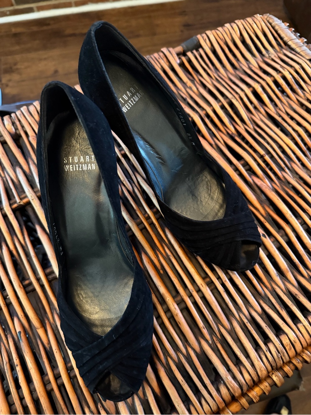 Stuart Weitzman Black Suede Peep-Toe Heels